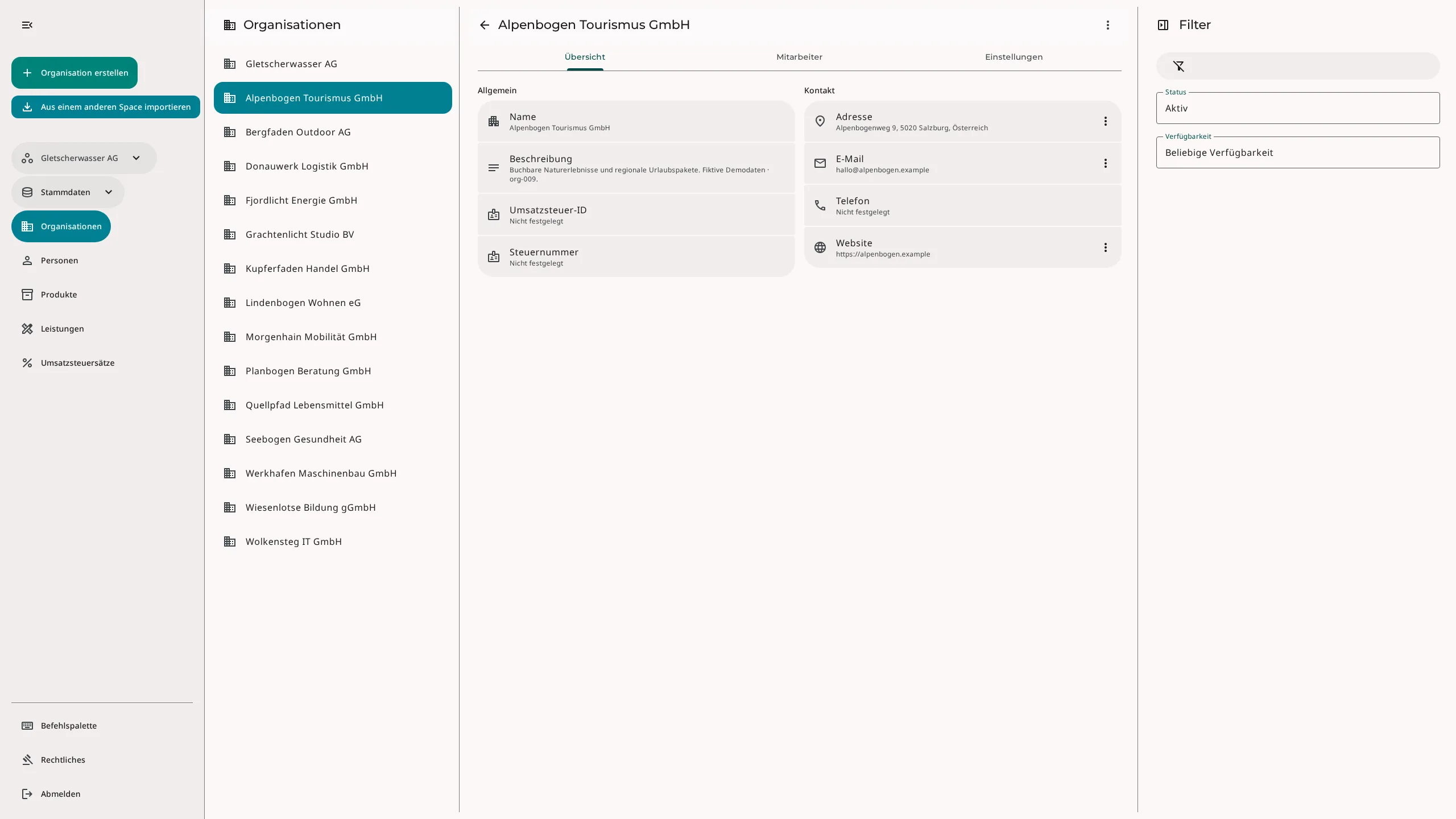 Erdikon-Organisationsdaten mit Beschreibung, Adresse, E-Mail und Website