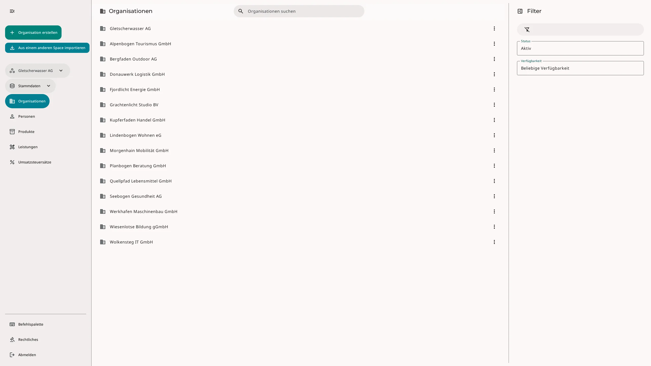 Erdikon-Organisationsliste mit Suche und Filtern nach Status und Verfügbarkeit