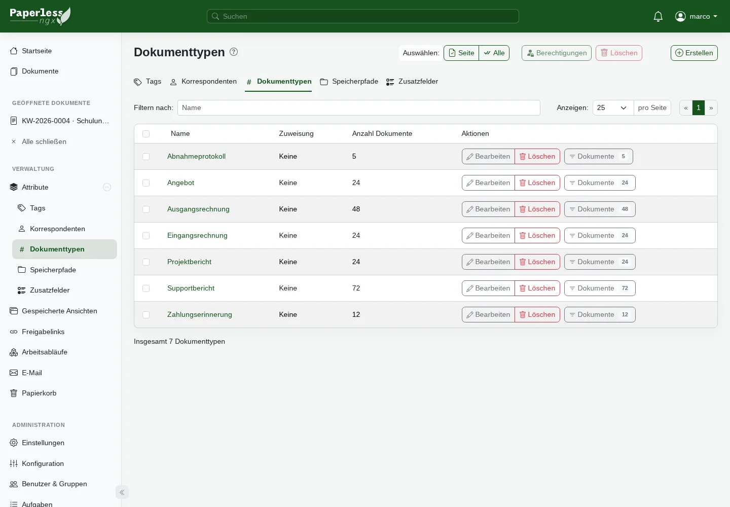 Sieben Dokumenttypen in Paperless-ngx mit zugeordneten Dokumentzahlen