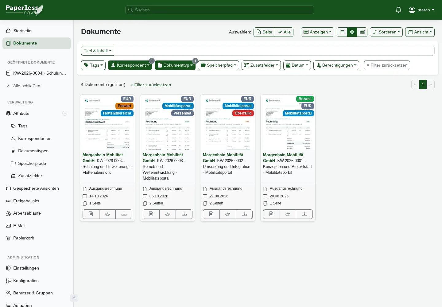 Vier Ausgangsrechnungen eines Korrespondenten in Paperless-ngx mit zwei aktiven Attributfiltern
